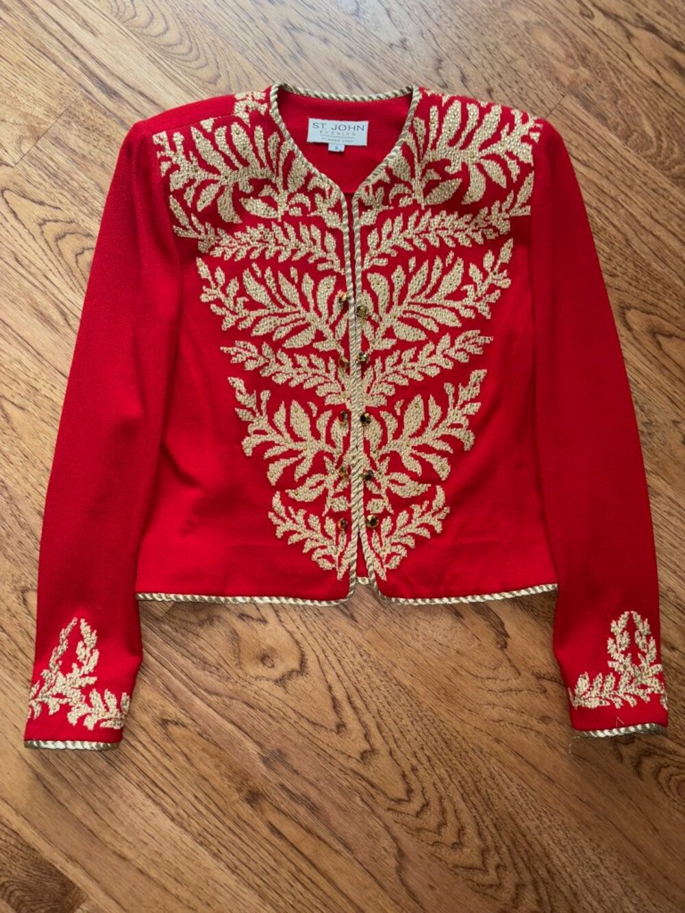 St John Evening Collection Red Santana Knit Sequin Embellished Jacket SIZE 8